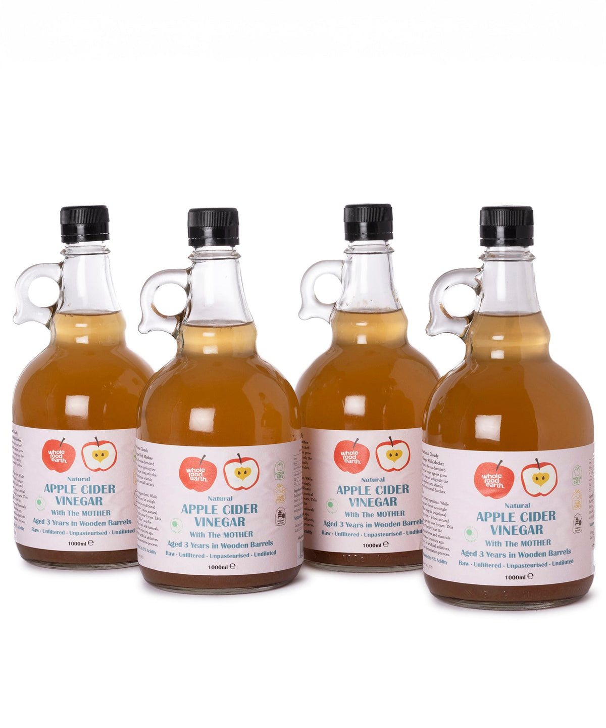Kent Apple Cider Vinegar by Whole Food Earth, 4 x 1L bottles with "Mother", raw, unpasteurized, unfiltered, GMO-free vinegar.