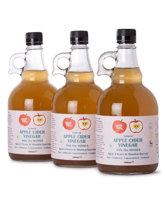 Kent Apple Cider Vinegar from Whole Food Earth, 3 x 1L bottles with "Mother," raw, unpasteurized, unfiltered, GMO-free.