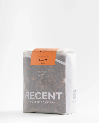 Kenya Sasini AA medium roast coffee beans from Recent Beans, 500g bag with whole beans ready for brewing.