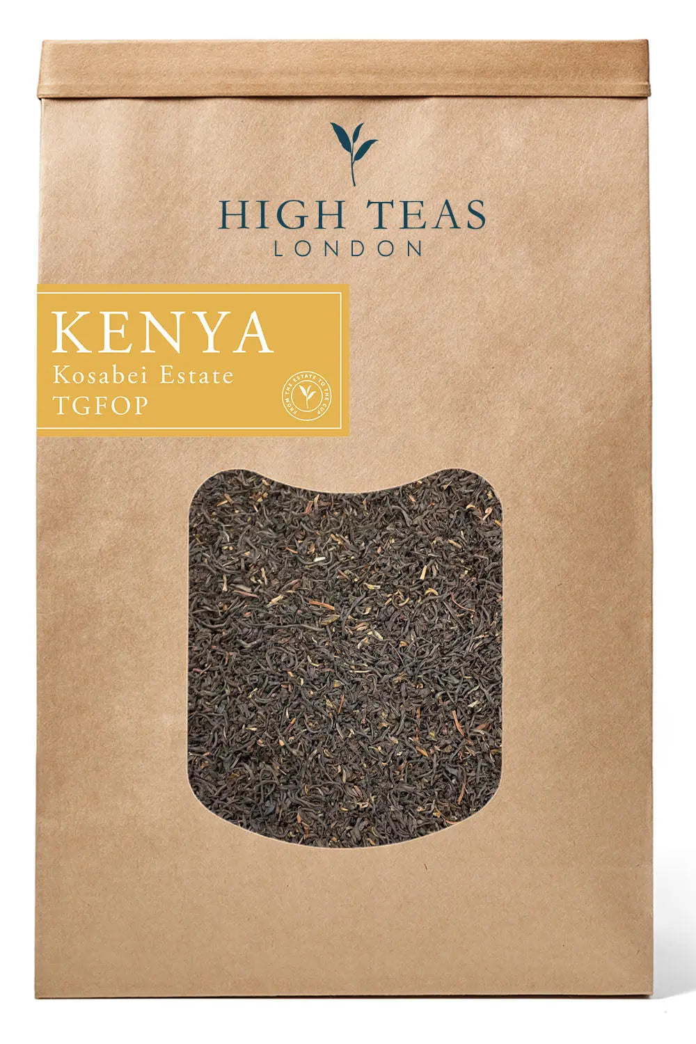 Loose leaf Kenya Kosabei Estate TGFOP tea by High Teas, showing fresh, golden-brown tea leaves in a clear container.