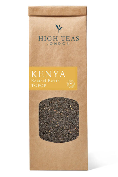 Loose leaf Kenya Kosabei Estate TGFOP tea by High Teas, showing fresh, golden-tipped tea leaves in a close-up image.