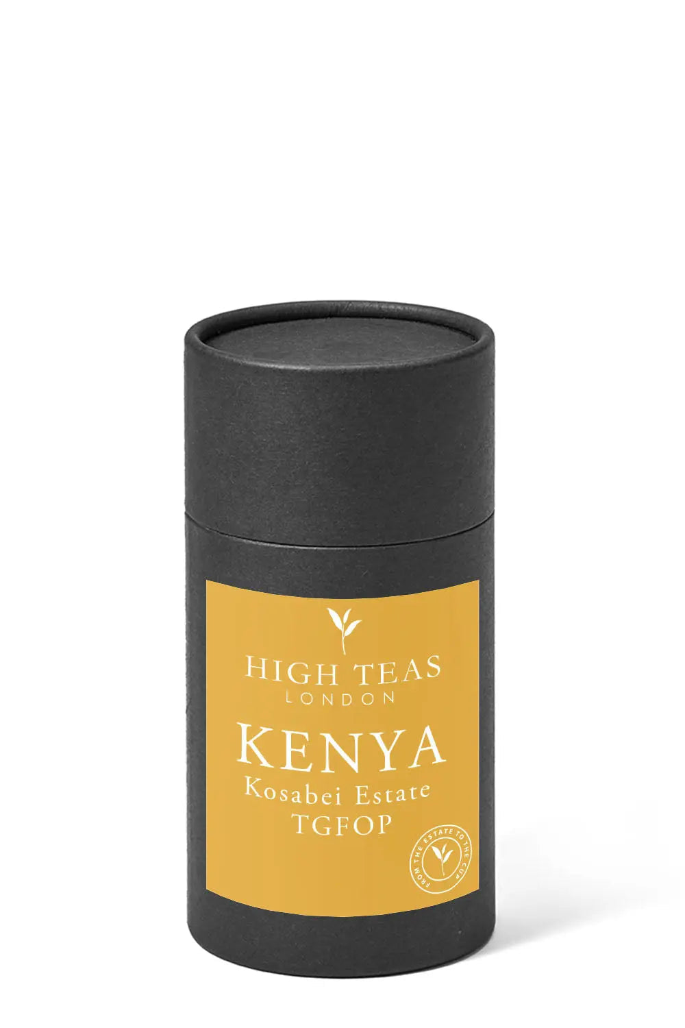 Loose leaf Kenya Kosabei Estate TGFOP tea by High Teas, showing golden-tipped tea leaves in a clear jar.