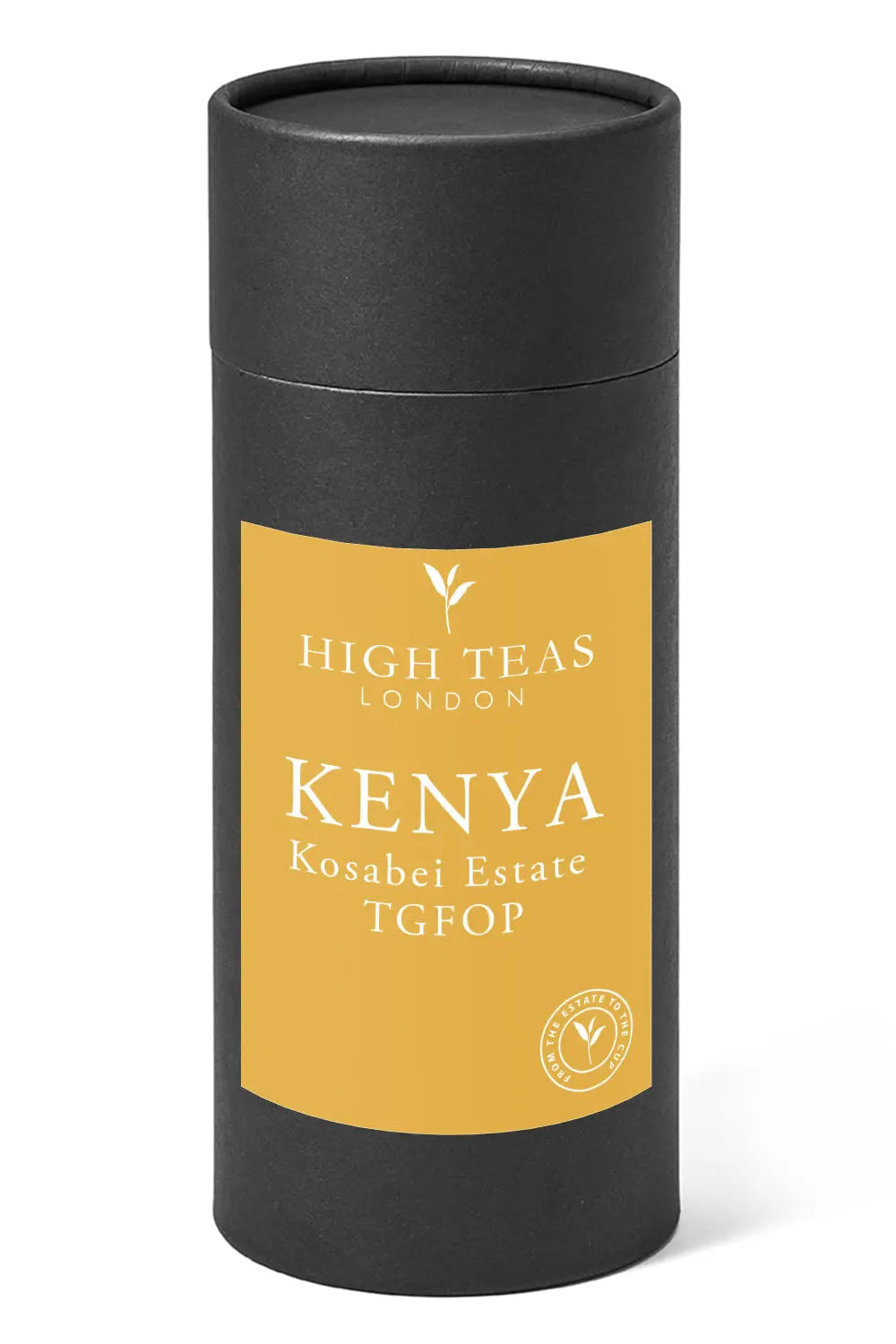 Loose leaf Kenya Kosabei Estate TGFOP tea by High Teas, showing fresh, dark tea leaves in a natural setting.