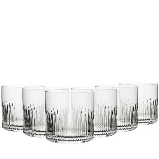 Set of six Whitley Old Fashioned Glasses by Glassware UK, 370ml whisky tumblers, clear glass with a classic design.