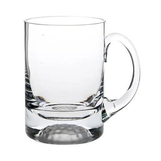 Glassware UK golf ball glass tankard with 568ml capacity, clear glass design, featuring a golf ball pattern and sturdy handle.