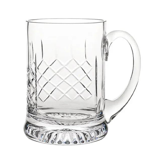 Handmade crystal cut tankard from Glassware UK with a 0.565L capacity, featuring intricate glass craftsmanship and a sturdy handle.