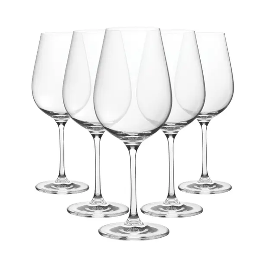 Set of six Bordeaux wine glasses by Glassware UK, 560ml capacity, featuring clear glass and elegant shape for wine serving.