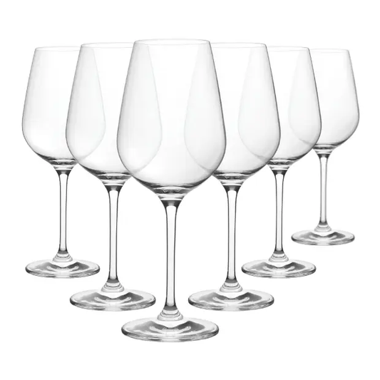 Set of six Invitation wine glasses by Glassware UK, 440ml capacity, clear and elegant for wine serving.