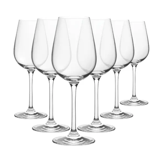 Set of six 350ml Invitation wine glasses by Glassware UK, clear glass with elegant stem and bowl design.