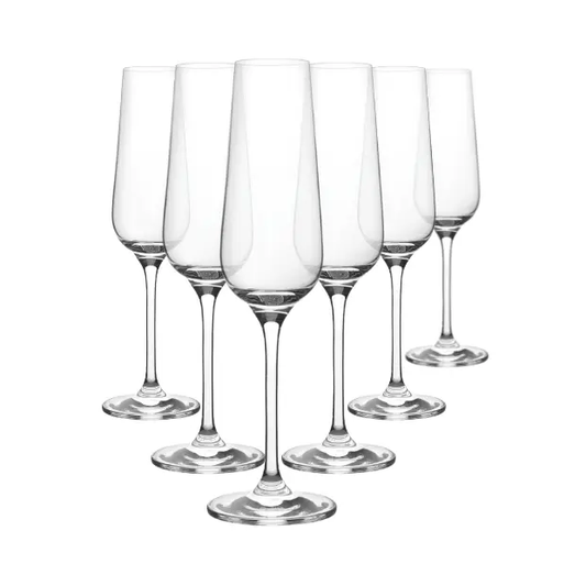 Set of 6 Glassware UK invitation champagne flutes, 180ml, clear glass with elegant tall bowl design for celebrations.