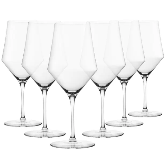 Set of six Edge Bordeaux wine glasses by Glassware UK, 640ml capacity, clear glass with elegant curved design.