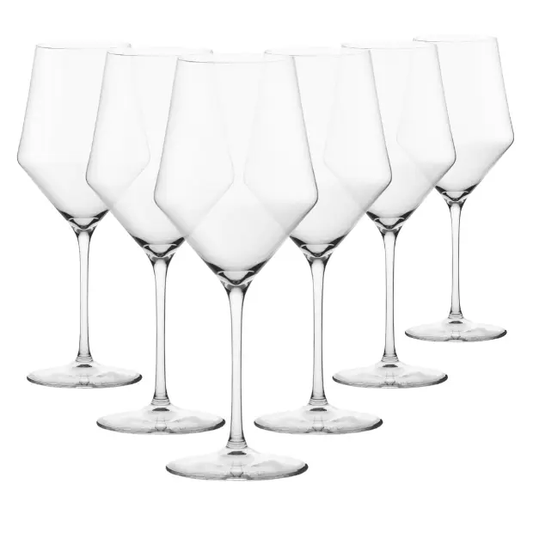 Set of six Edge red wine glasses from Glassware UK, 520ml capacity, clear glass with elegant curved design.