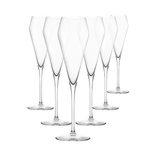 Set of six Edge champagne glass flutes from Glassware UK, 220ml capacity, with sleek, modern design.