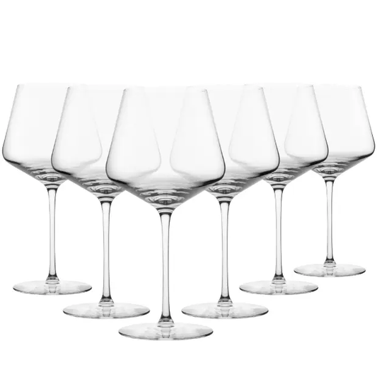 Set of six Edge Burgundy wine glasses by Glassware UK, 730ml capacity, clear glass with elegant rounded bowl design.