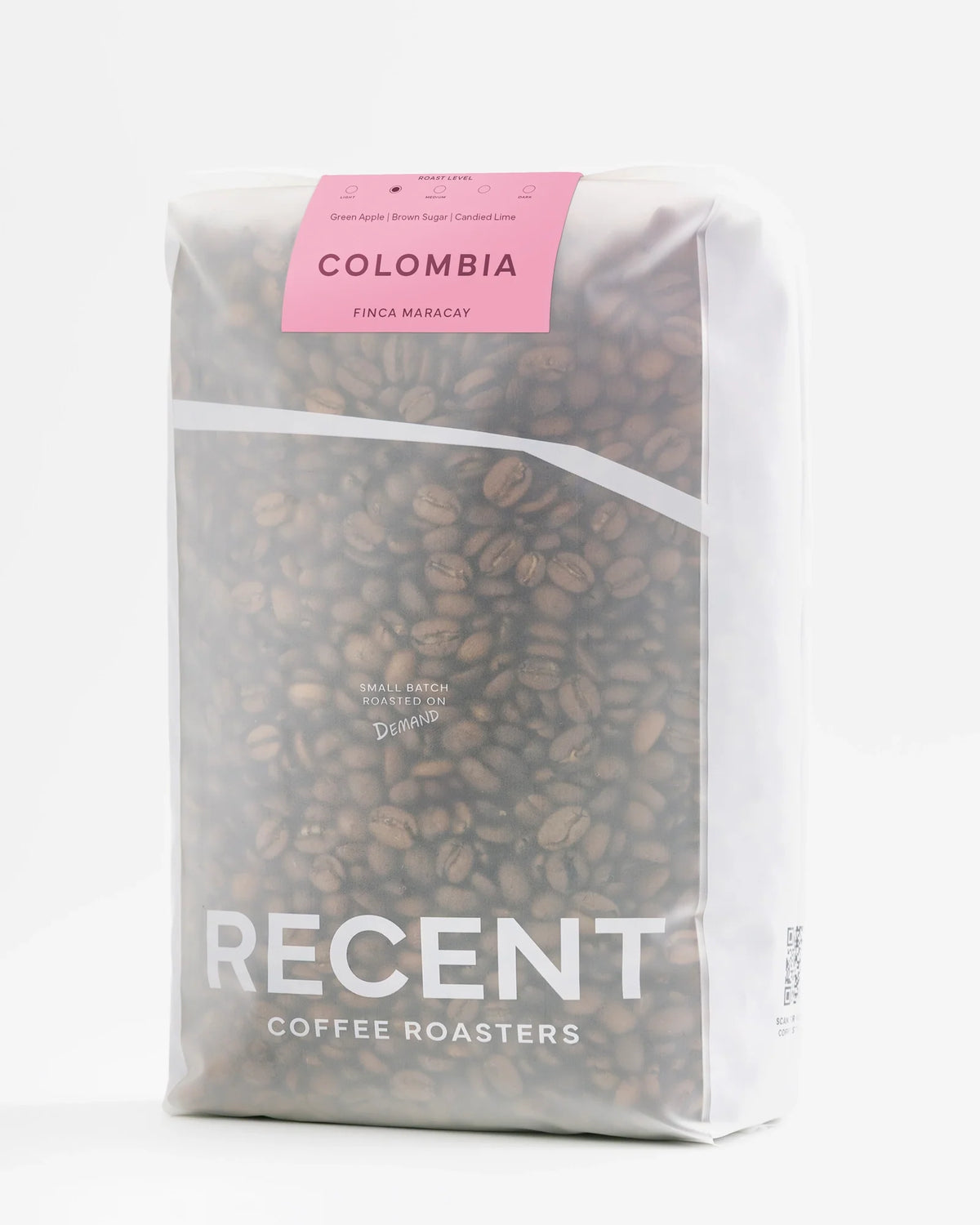 Colombia Finca Maracay medium roast coffee beans from Recent Beans, 1kg bag, showing freshly roasted coffee beans in a bag