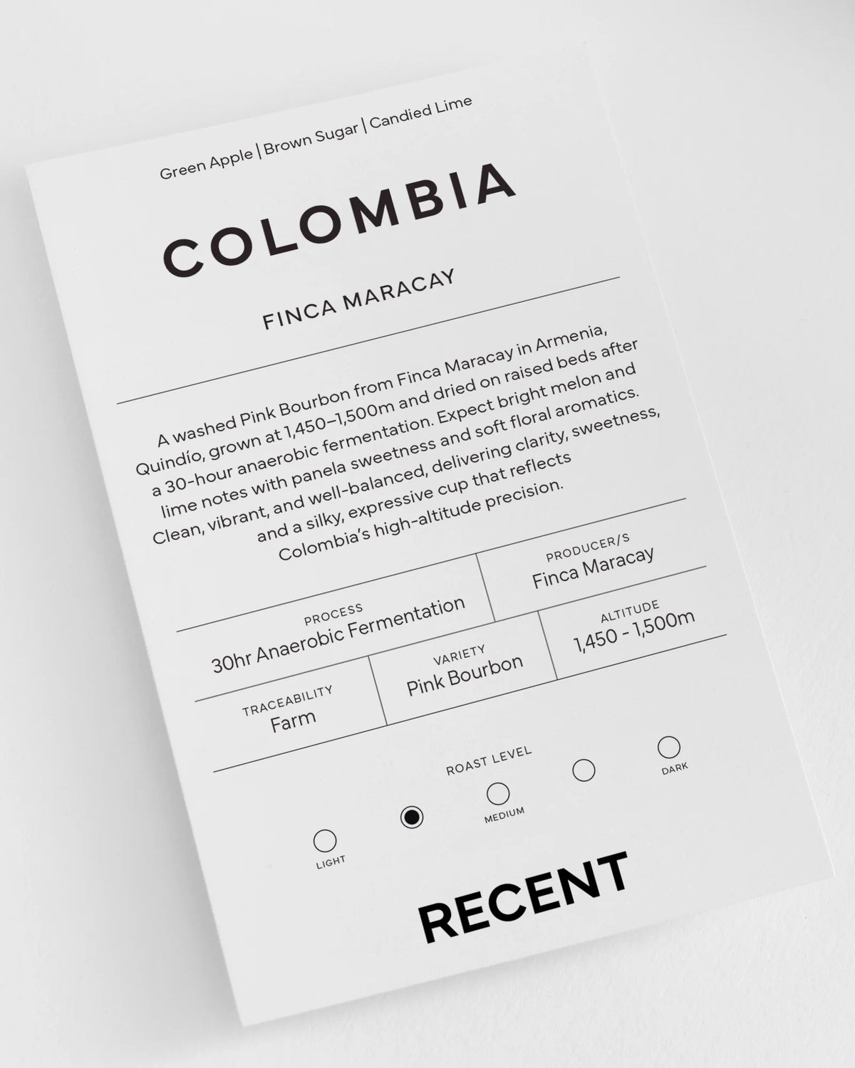 Medium roast Colombia Finca Maracay coffee from Recent Beans, featuring a vibrant pink packaging design.
