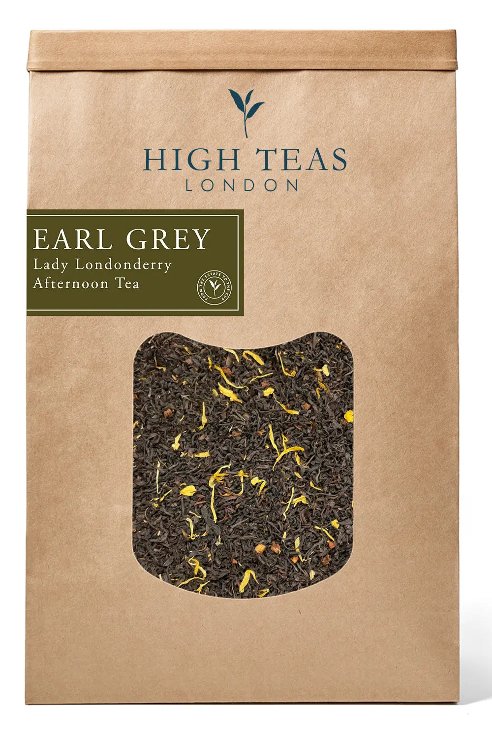 Loose leaf Lady Londonderry Afternoon Tea House Blend by High Teas in a glass teapot with tea leaves and a cup ready to serve.
