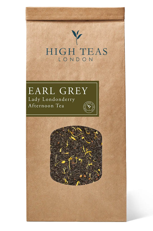 Loose leaf Lady Londonderry Afternoon Tea House Blend by High Teas in a tea tin with elegant packaging.