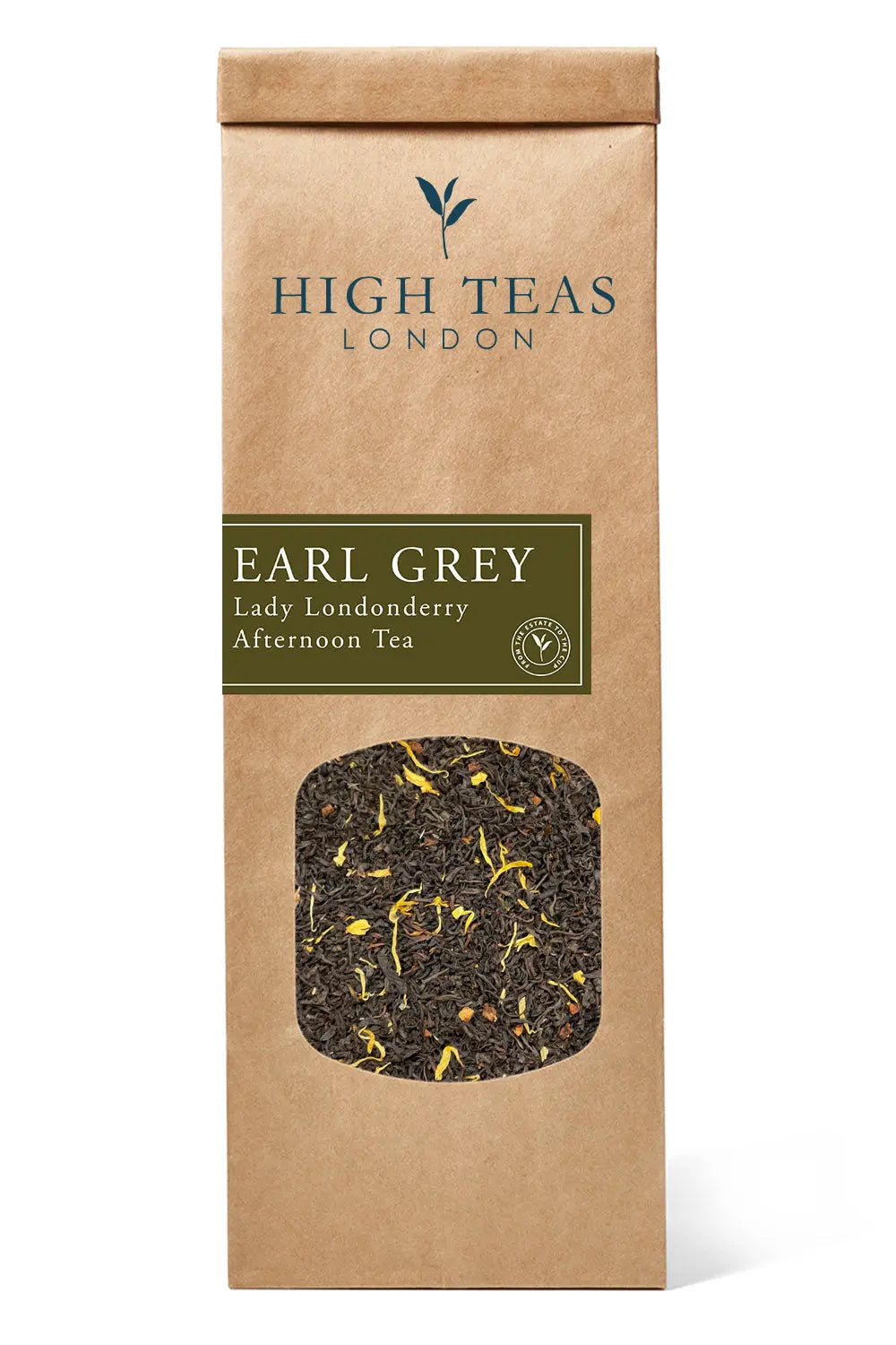 Loose leaf Lady Londonderry Afternoon Tea House Blend by High Teas in a decorative tin displaying the tea leaves and packaging.