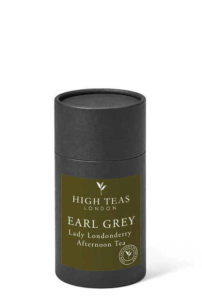 High Teas Lady Londonderry Afternoon Tea loose leaf House Blend in a decorative tin, showcasing its elegant packaging and tea leaves.