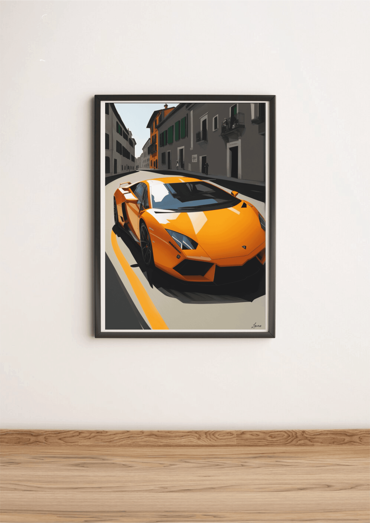 Orange Lamborghini supercar art print by KEOLIX featuring a sleek, detailed illustration of the luxury sports car.
