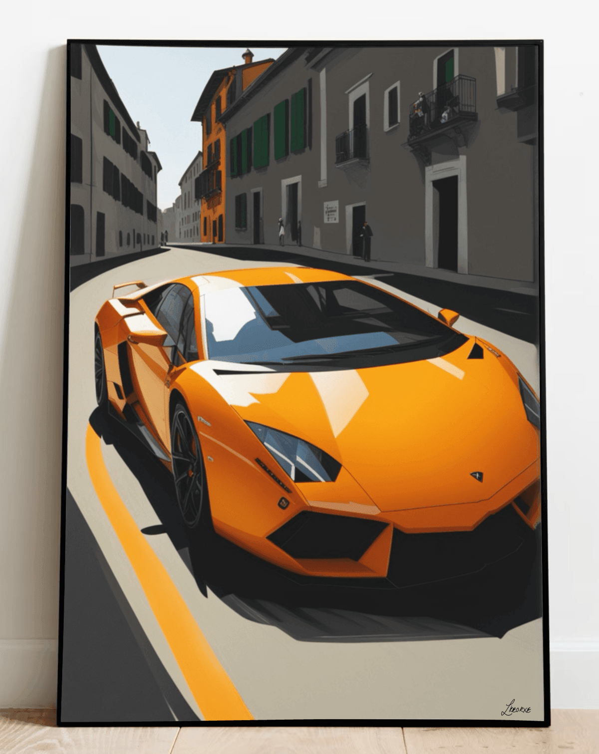 Orange Lamborghini supercar art print by KEOLIX showcasing a sleek, vibrant vehicle on high-quality wall art print.