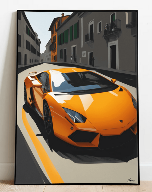 Orange Lamborghini supercar art print by KEOLIX showcasing a sleek, vibrant vehicle on high-quality wall art print.