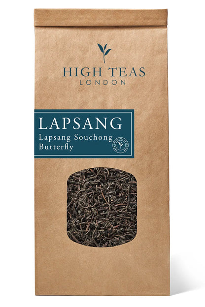 Loose leaf Lapsang Souchong Butterfly tea by High Teas, showing dark, smoky tea leaves in a clear glass jar.