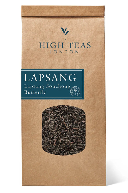 Loose leaf Lapsang Souchong Butterfly tea by High Teas, showing dark, smoky tea leaves in a clear glass jar.