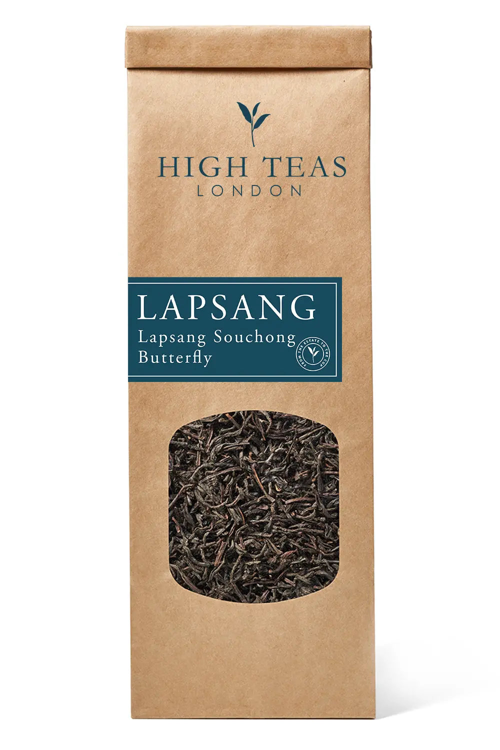Loose leaf Lapsang Souchong Butterfly tea from High Teas, showing dark, smoky tea leaves in a clear glass jar.