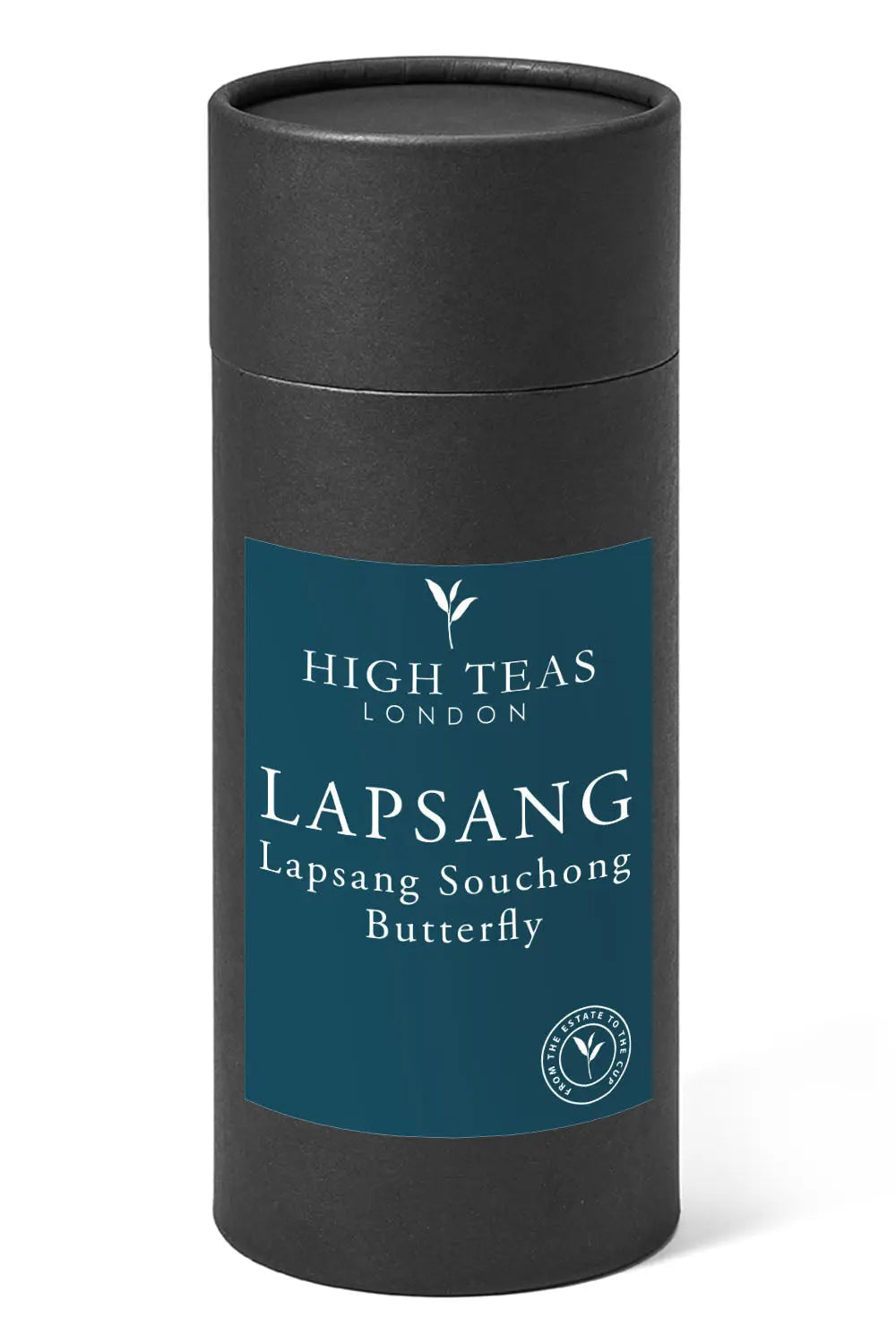 Loose leaf Lapsang Souchong Butterfly tea by High Teas, showing dark, rolled tea leaves with a smoky aroma.