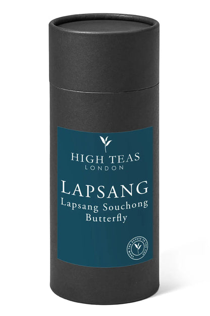 Loose leaf Lapsang Souchong Butterfly tea by High Teas, showing dark, rolled tea leaves with a smoky aroma.