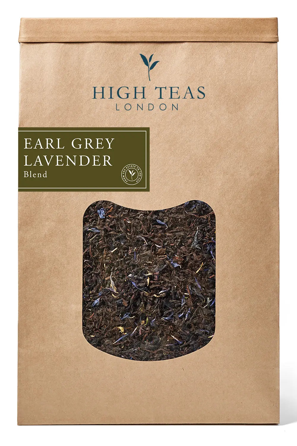 Loose leaf Lavender Earl Grey tea by High Teas, showing fragrant lavender and black tea leaves in a clear container.