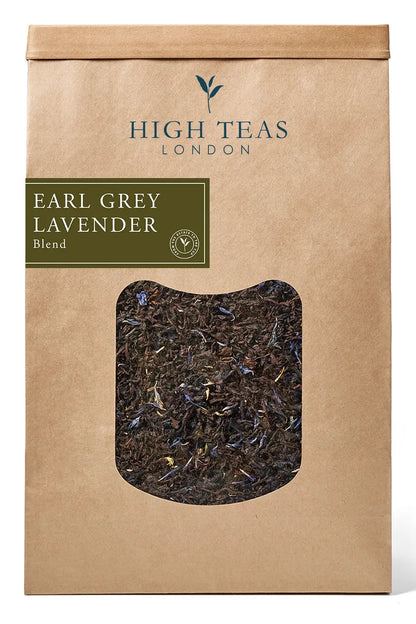 Loose leaf Lavender Earl Grey tea by High Teas, showing fragrant lavender and black tea leaves in a clear container.