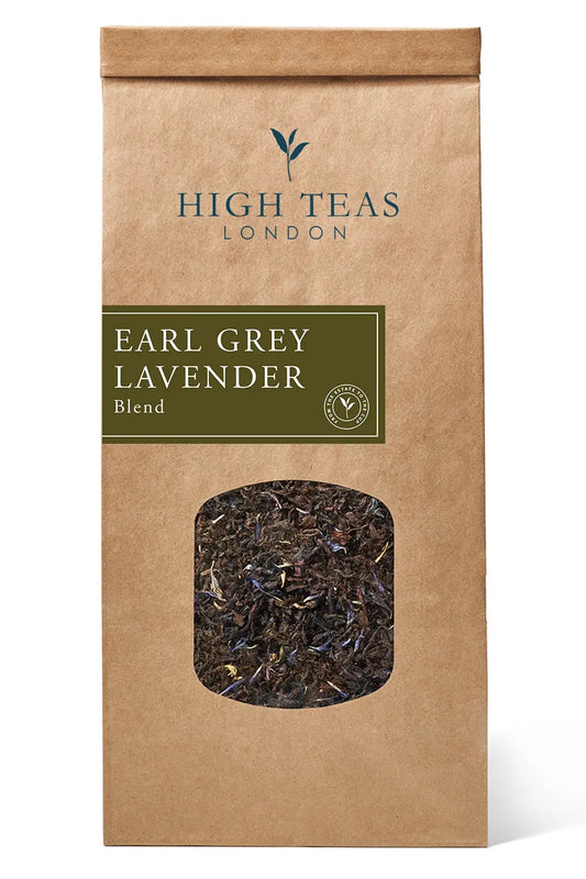Loose leaf Lavender Earl Grey tea by High Teas with fragrant lavender and classic bergamot citrus in a clear glass jar.