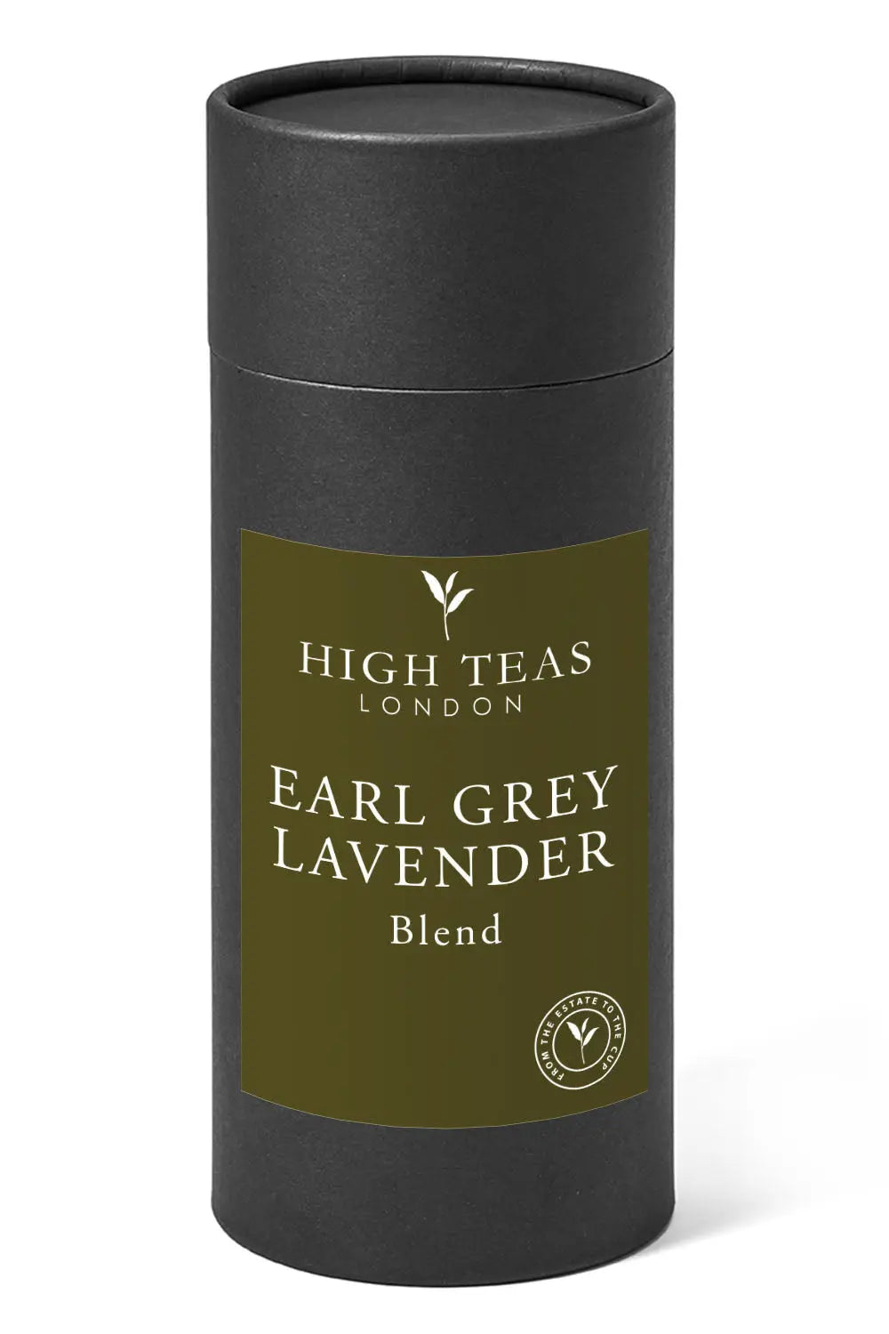 Loose leaf Lavender Earl Grey tea by High Teas with lavender and black tea leaves in a clear glass jar.