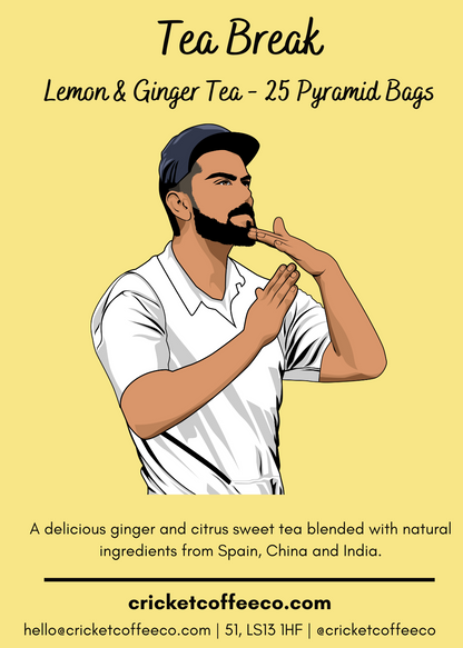 Lemon ginger tea from Clubhouse Roastery's Tea Break collection, featuring a label with fresh lemon and ginger images.