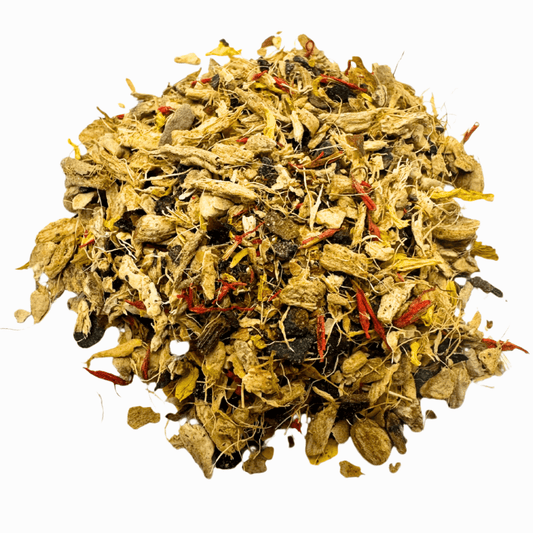 Loose leaf Lemon & Ginger Tea from Porter Hill Tea Company, featuring vibrant lemon slices and fresh ginger root.