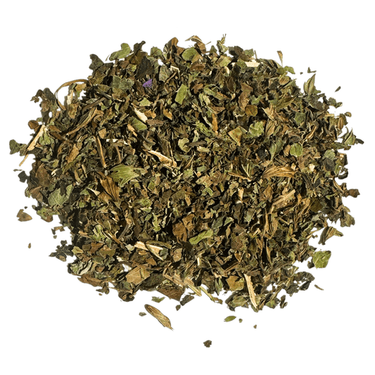 Loose leaf organic lemon balm herbal tea from Porter Hill Tea Company, fresh lemon balm leaves in a clear jar.