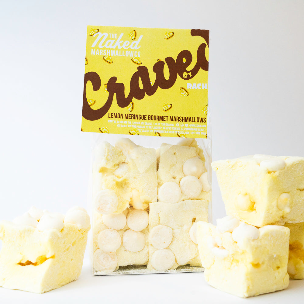 Assorted lemon and meringue flavored gourmet marshmallows from THE MARSHMALLOW FACTORY's Craved Edition, shown in a close-up image.