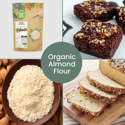 Organic almond flour from Whole Food Earth, shown in a kitchen setting with almonds and baking ingredients on a wooden surface.
