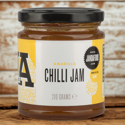 Amarillo Yellow Chilli Jam by Janda, 210g jar, showcasing vibrant yellow chilli jam ideal for cheese and barbecue accompaniments.