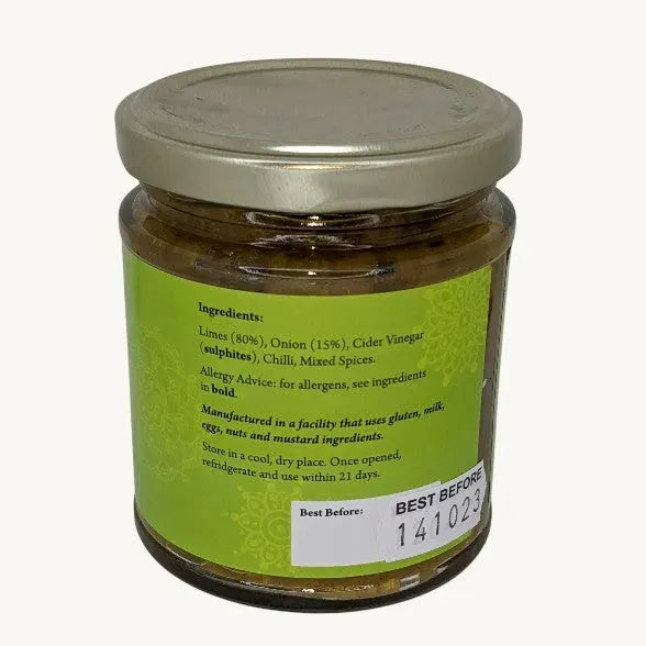 Close-up of a jar of Friars Farm Lime Pickle relish, showing vibrant lime chunks and relish texture.