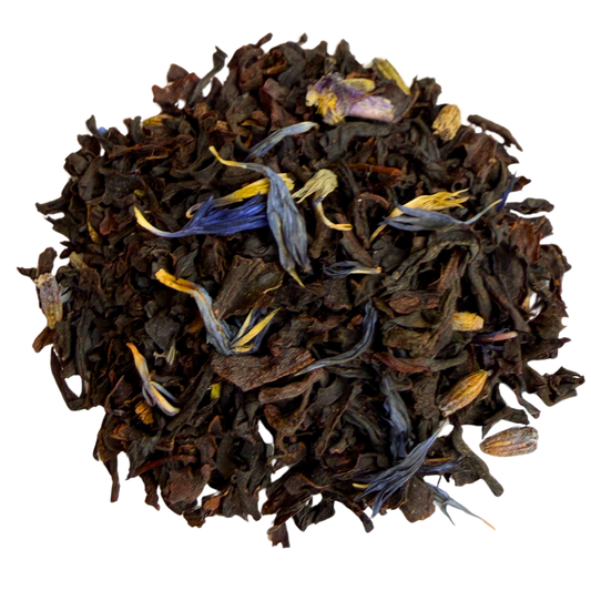 Loose leaf Yorkshire Fog Earl Grey black tea from Porter Hill Tea Company with fragrant bergamot aroma in a clear glass jar