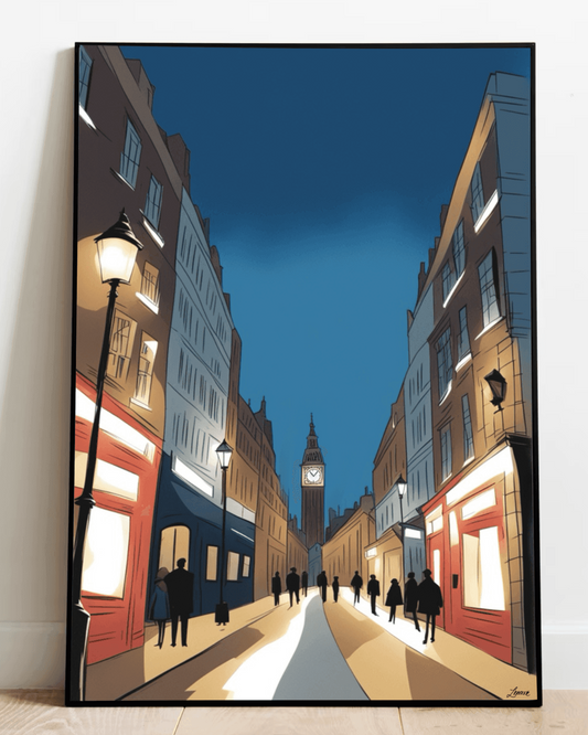 London Night Skyline print by KEOLIX showing a detailed cityscape with illuminated buildings and iconic landmarks at night.