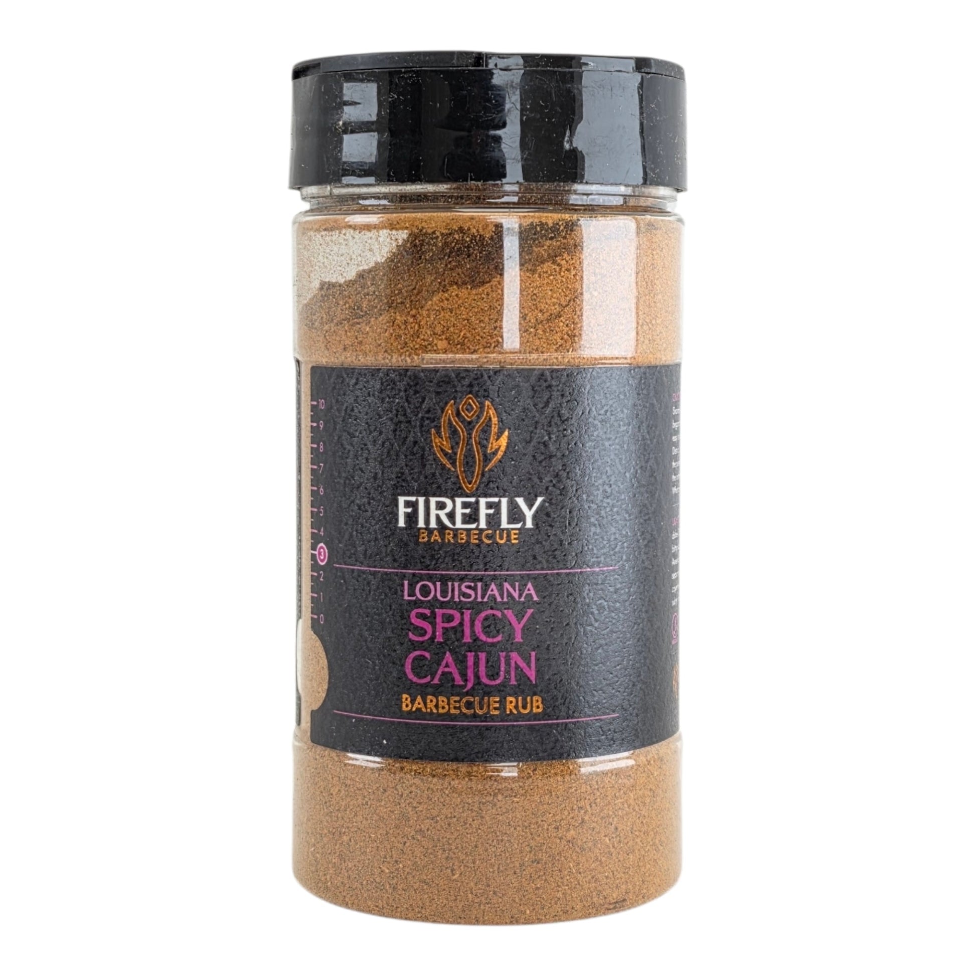 FireFly Barbecue Louisiana Spicy Cajun BBQ Rub in a jar with vibrant red and green seasoning visible.