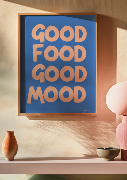 Blue kitchen typographic print featuring the phrase "Good Food Good Mood" with food and drink illustrations, by Peak Prints.