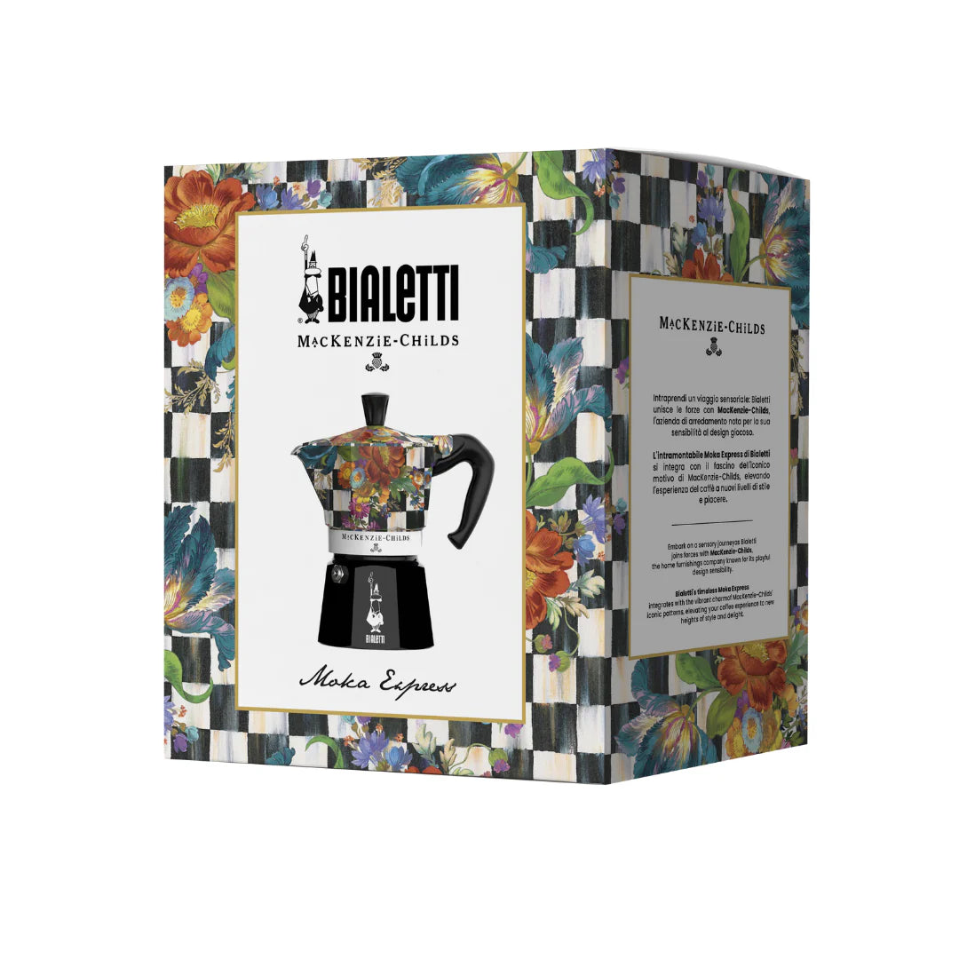 Bialetti X Mackenzie Childs Moka Express coffee maker with colorful patterned design and Bialetti hardware packaging.
