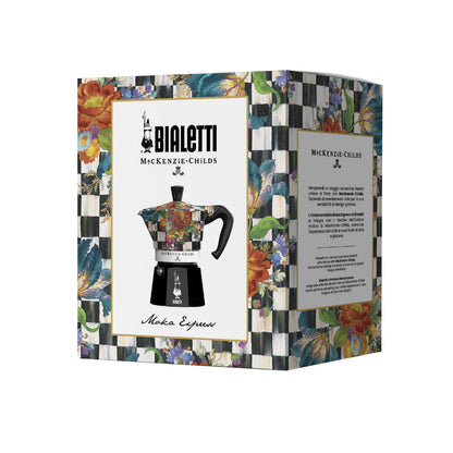 Bialetti X Mackenzie Childs Moka Express coffee maker with colorful patterned design and Bialetti hardware packaging.