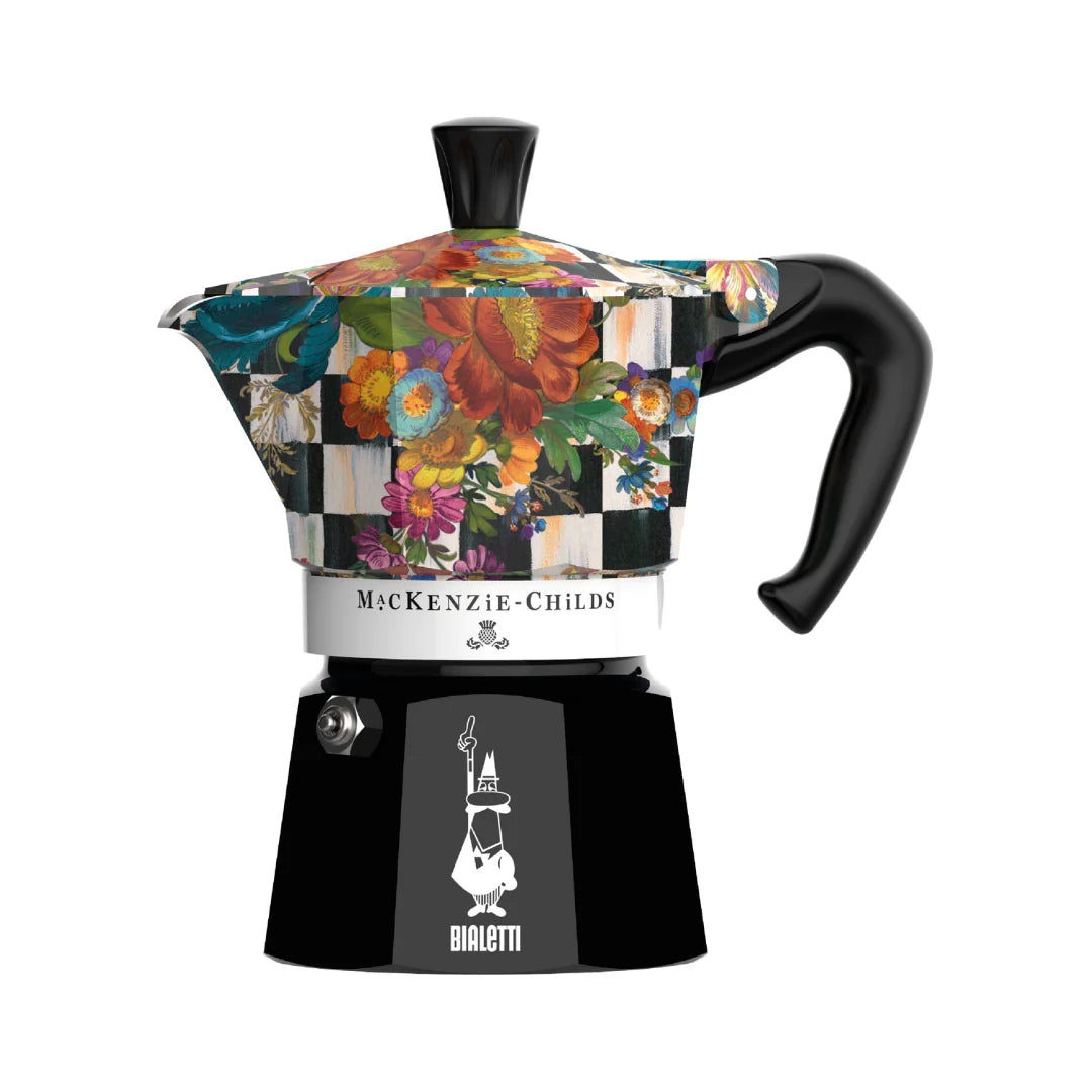 Bialetti Brew Italia Mackenzie Childs Moka Express Italian stovetop coffee maker with distinctive design and metallic finish.